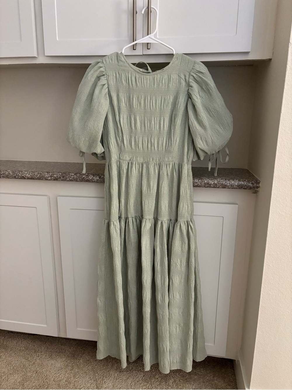 Puff-Sleeve Tiered Midi Dress in Sage Green